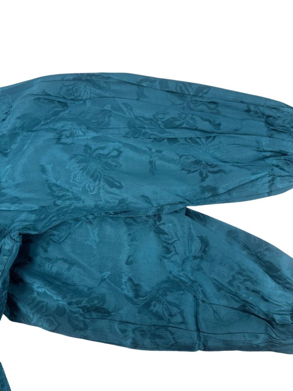 Band of the Free Top Small Teal Silk Jacquard Puff Sleeve Tie Front Crop Boho - Picture 6 of 6